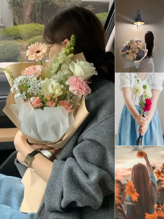 Hình cô gái cầm hoa sâu lắng
